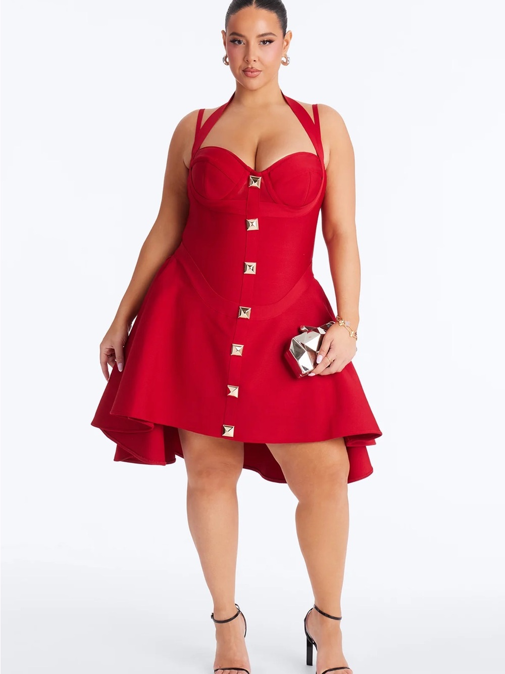Fashion Nova Red Stud-Front High Low Bustier Dress